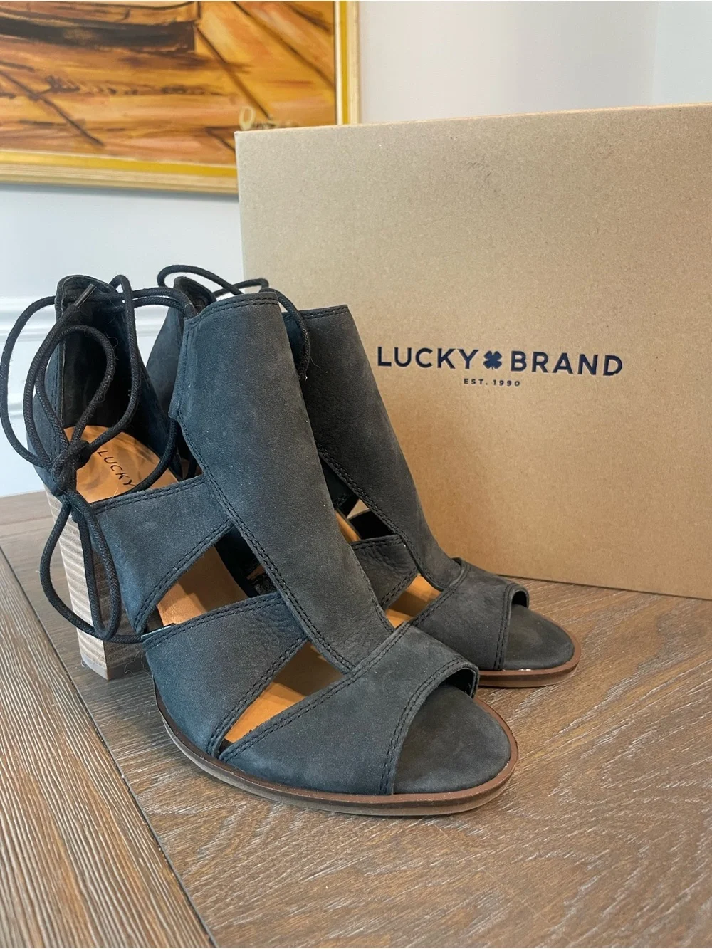 Lucky Brand Black Suede Lace-Up Cutout Peep-Toe Heels
